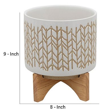 Planter with  Chevron Pattern and Wooden Stand, Large, Off White