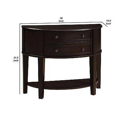 Demilune Wooden Console Table With 2 Drawers, Brown