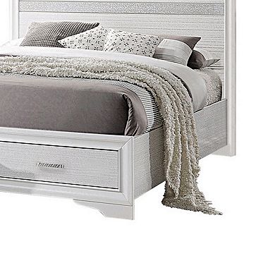 Contemporary Queen Bed with Drawers and Glittering Stripes, White