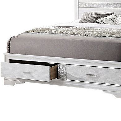 Contemporary Queen Bed with Drawers and Glittering Stripes, White
