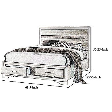 Contemporary Queen Bed with Drawers and Glittering Stripes, White