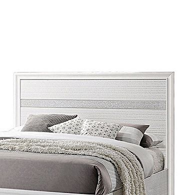 Contemporary Queen Bed with Drawers and Glittering Stripes, White