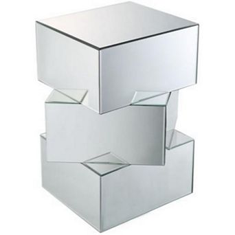 Mirror and Glass End Table with Unique Geometrical Base Design, Silver