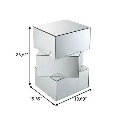 Mirror and Glass End Table with Unique Geometrical Base Design, Silver