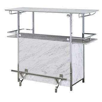 Bar Table with Faux Marble and Chrome Finish, White and Silver