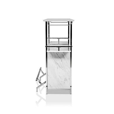 Bar Table with Faux Marble and Chrome Finish, White and Silver