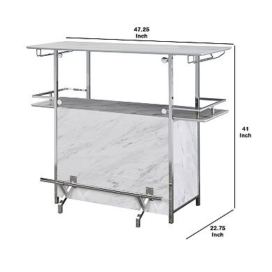 Bar Table with Faux Marble and Chrome Finish, White and Silver