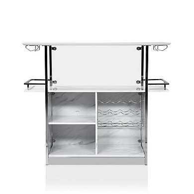 Bar Table with Faux Marble and Chrome Finish, White and Silver