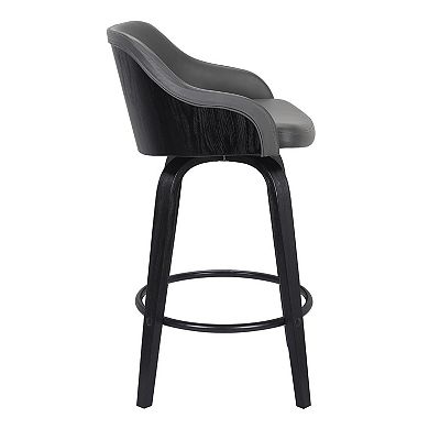 26 Inch Wooden and Leatherette Swivel Barstool, Black and Gray