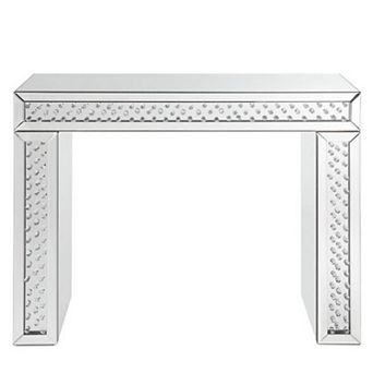 Mirror Accented Wood And Glass Vanity Desk With Faux Crystal Inlay, Silver
