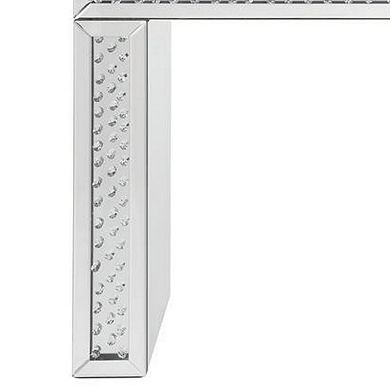 Mirror Accented Wood And Glass Vanity Desk With Faux Crystal Inlay, Silver
