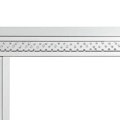 Mirror Accented Wood And Glass Vanity Desk With Faux Crystal Inlay, Silver