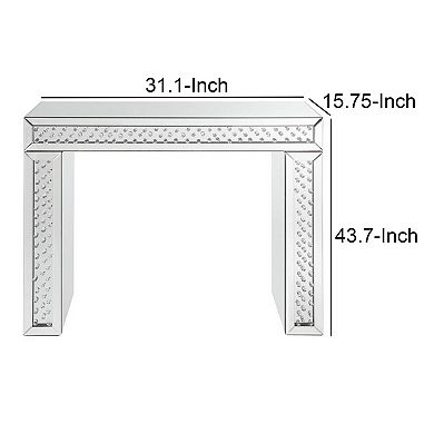 Mirror Accented Wood And Glass Vanity Desk With Faux Crystal Inlay, Silver