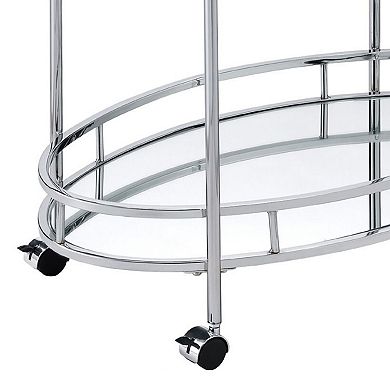 Serving Cart with Tubular Frame and 2 Tier Glass Shelves, Chrome