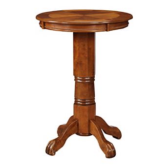 Ava 42 Inch Wood Pub Bar Table, Sunburst Design, Carved Pedestal, Walnut