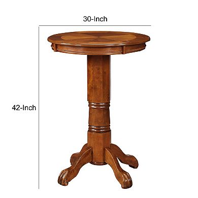 Ava 42 Inch Wood Pub Bar Table, Sunburst Design, Carved Pedestal, Walnut