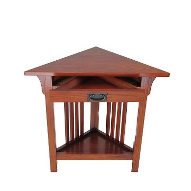 Mission Style Wooden Corner Table with 1 Drawer and Bottom Shelf, Brown