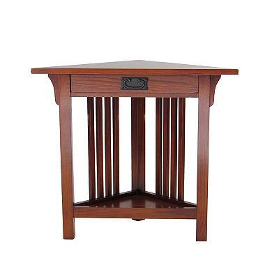 Mission Style Wooden Corner Table with 1 Drawer and Bottom Shelf, Brown