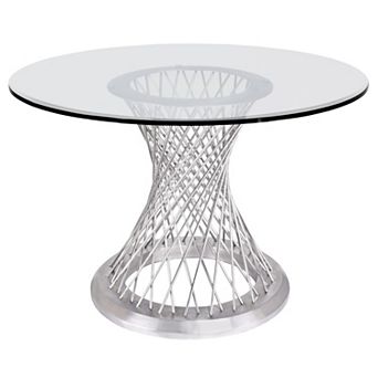 Round Glass Top Dining Table with Metal Mesh Base, Silver