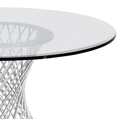 Round Glass Top Dining Table with Metal Mesh Base, Silver