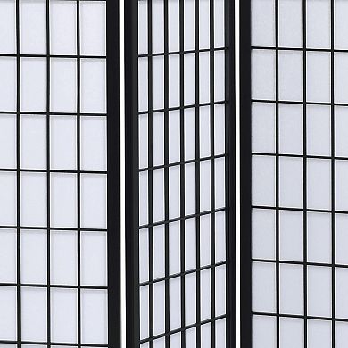 3 Panel Screen with Grid Design Wooden Frame, Black