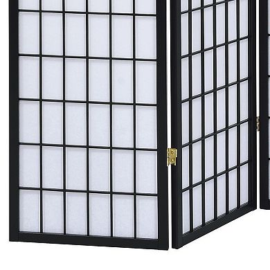 3 Panel Screen with Grid Design Wooden Frame, Black