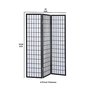 3 Panel Screen with Grid Design Wooden Frame, Black