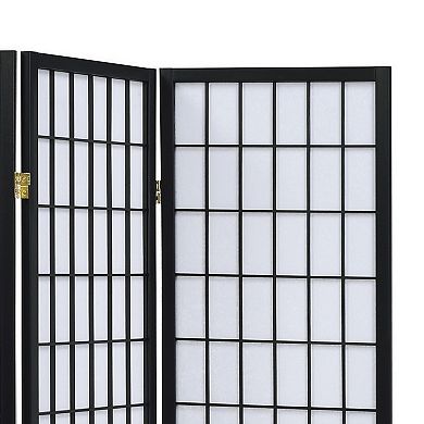 3 Panel Screen with Grid Design Wooden Frame, Black