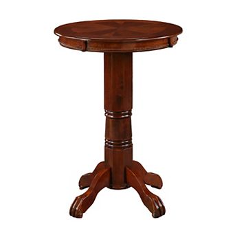 Ava 42 Inch Wood Pub Bar Table, Sunburst Design, Carved Pedestal, Light Natural Cherry