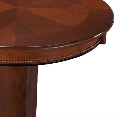 Ava 42 Inch Wood Pub Bar Table, Sunburst Design, Carved Pedestal, Light Natural Cherry