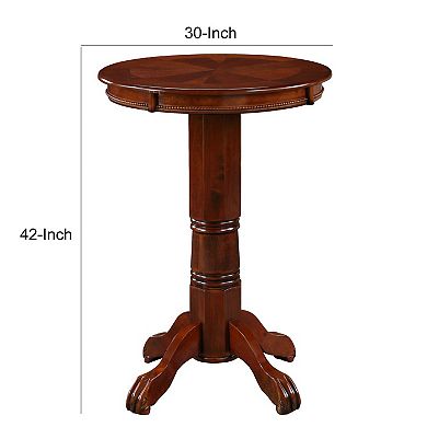 Ava 42 Inch Wood Pub Bar Table, Sunburst Design, Carved Pedestal, Light Natural Cherry