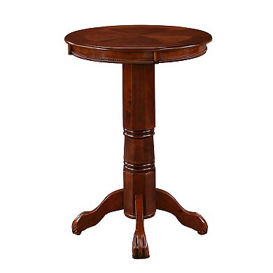 Ava 42 Inch Wood Pub Bar Table, Sunburst Design, Carved Pedestal, Light Natural Cherry