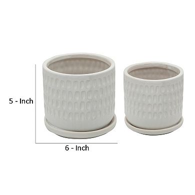 Ceramic Planter with Saucer and Hammered Design, Set of 2, White