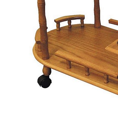 Casters Supported 2 Tier Wooden Wine Table with Turned legs, Oak Brown