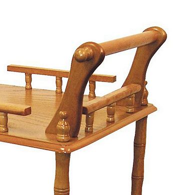 Casters Supported 2 Tier Wooden Wine Table with Turned legs, Oak Brown