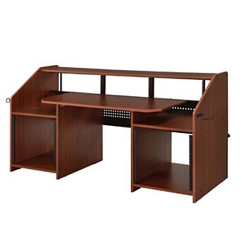 71 Inch Wood Music Desk Studio Workstation, 3 Shelves, Cherry Brown