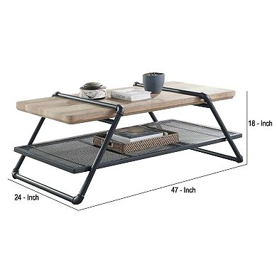 Coffee Table with Wooden Top and Mesh Shelf, Brown and Black