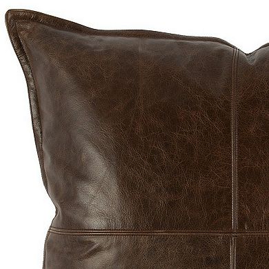 Square Leatherette Throw Pillow with Stitched Details, Dark Brown