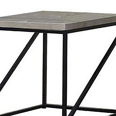 Industrial Style Minimal End Table With Wooden Top And Metallic Base, Gray