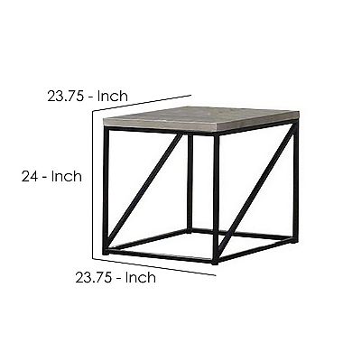 Industrial Style Minimal End Table With Wooden Top And Metallic Base, Gray