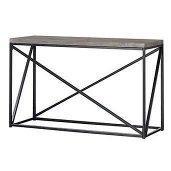 Industrial Style Minimal Sofa Table With Wooden Top And Metallic Base, Sonoma Gray