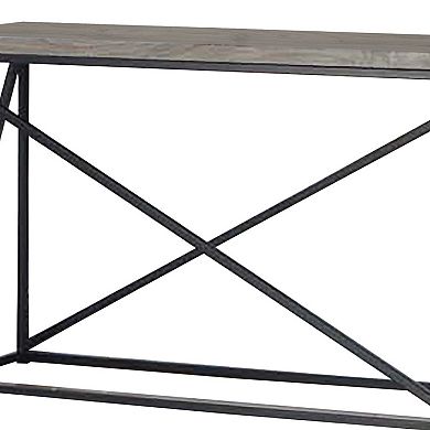Industrial Style Minimal Sofa Table With Wooden Top And Metallic Base, Sonoma Gray