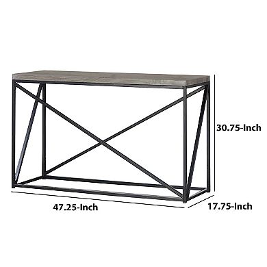 Industrial Style Minimal Sofa Table With Wooden Top And Metallic Base, Sonoma Gray