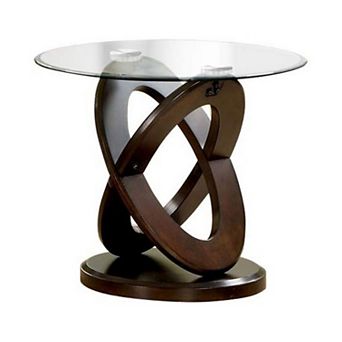 Cross Oval Base End Table with Round Glass Top, Brown and Clear