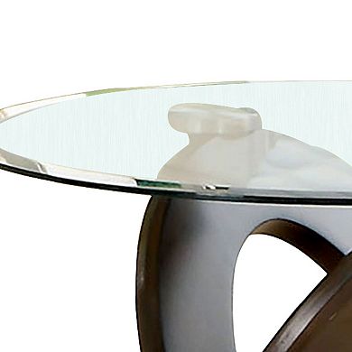 Cross Oval Base End Table with Round Glass Top, Brown and Clear