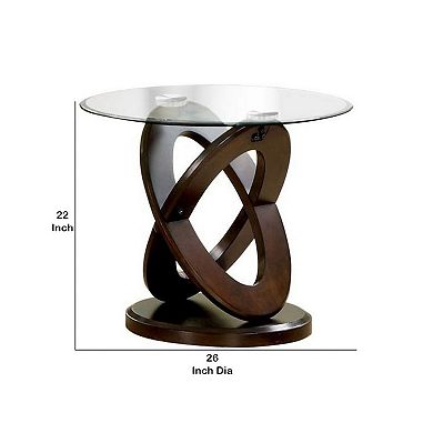 Cross Oval Base End Table with Round Glass Top, Brown and Clear
