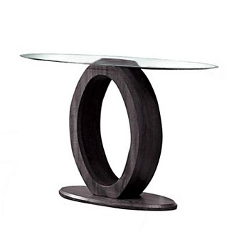 Tempered Glass Top Sofa Table with O Shape Wooden Shape Base, Gray