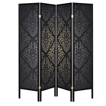 Captivating Four Panel Folding Screen With Damask Print, Black