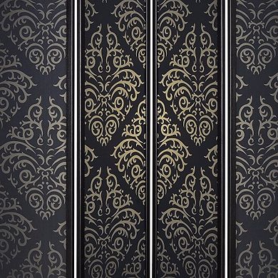 Captivating Four Panel Folding Screen With Damask Print, Black