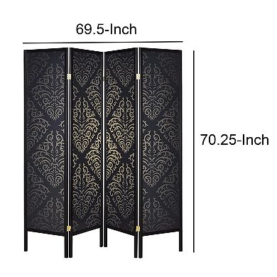 Captivating Four Panel Folding Screen With Damask Print, Black